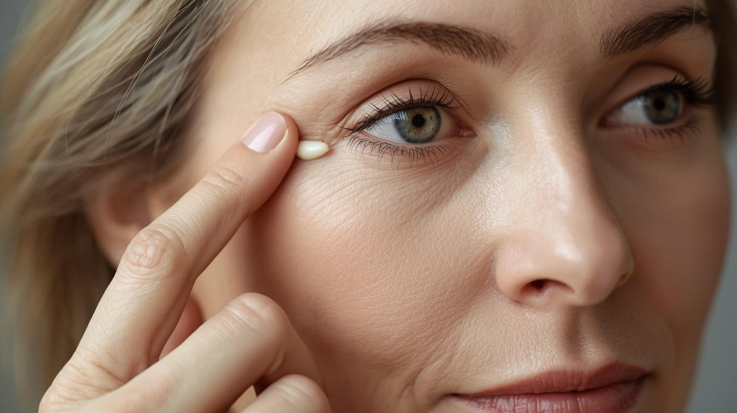 Close-up of a woman applying Au Natural Rosehip Seed Oil Eye Cream to her eye area.
