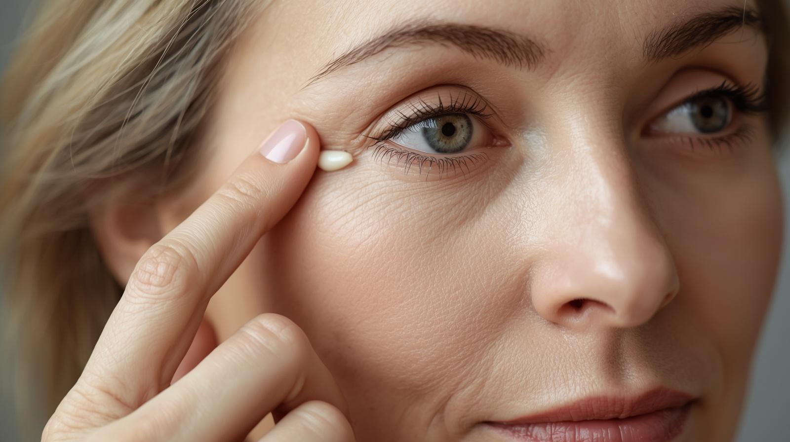 Close-up of a woman applying Au Natural Rosehip Seed Oil Eye Cream to her eye area.